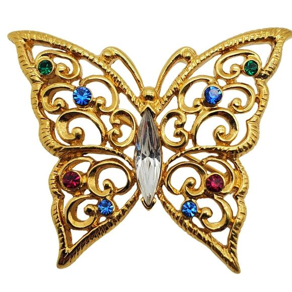 Monet Butterfly Brooch Gold Tone Filigree Pin Rhinestone Jewel Tones Insect - Picture 1 of 5